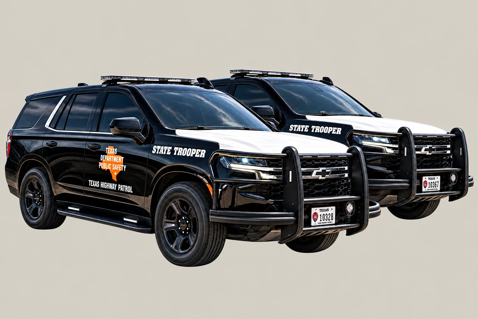 Two Texas State Trooper SUVs with their full wheels and bodywork visible